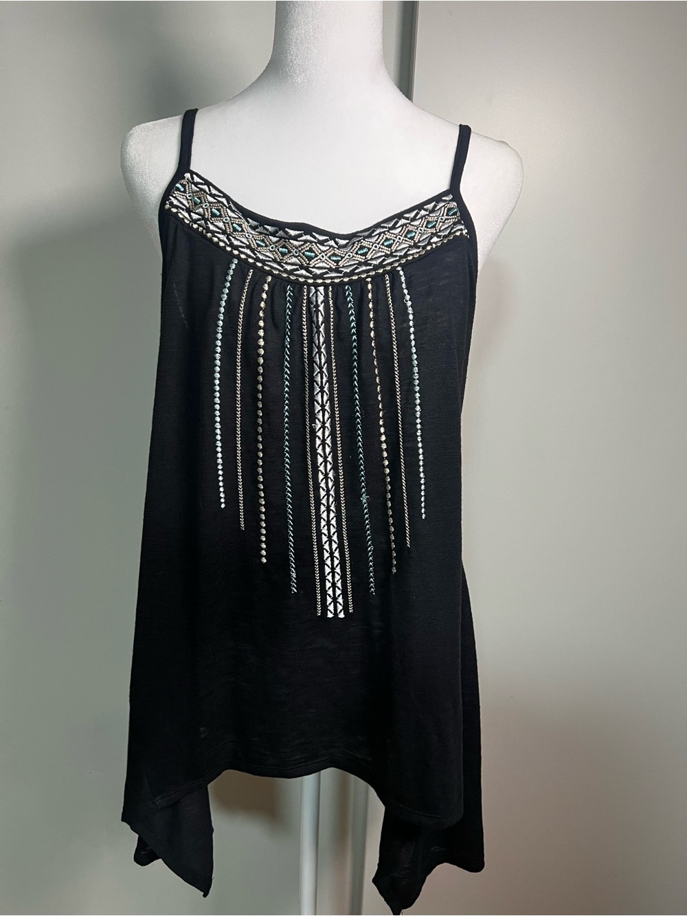 French Laundry Black Beaded Fringe Spaghetti Strap Tank